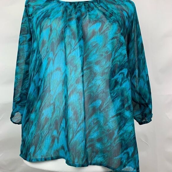 Express Green and Blue print sheer blouse - Picture 1 of 4
